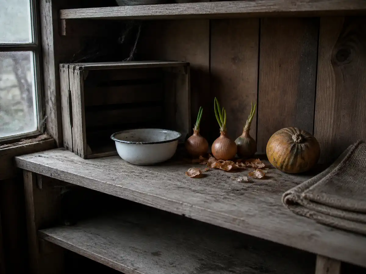 An almost empty wooden storage shelf in an allotment shed, holding three sprouting onions, one shrivelled squash and a scattering of papery skins beside an empty enamel bowl and upturned crate.