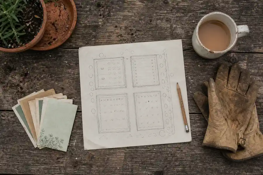 A hand drawn pencil plan of four allotment beds on a sheet of paper, with seed packets, a pencil, worn leather gloves and a mug of tea on a weathered wooden table.