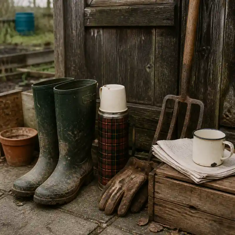 Muddy dark green wellington boots, a battered tartan vacuum flask, worn leather gardening gloves and a well used garden fork beside a weathered allotment shed door.